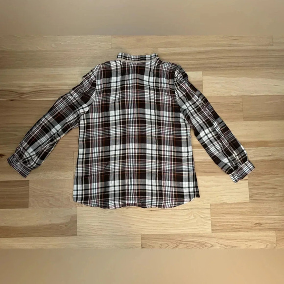 Chicos Chico’s Ruffle Button Front Blouse Sz L Brown Plaid Preppy Academia - Picture 6 of 13